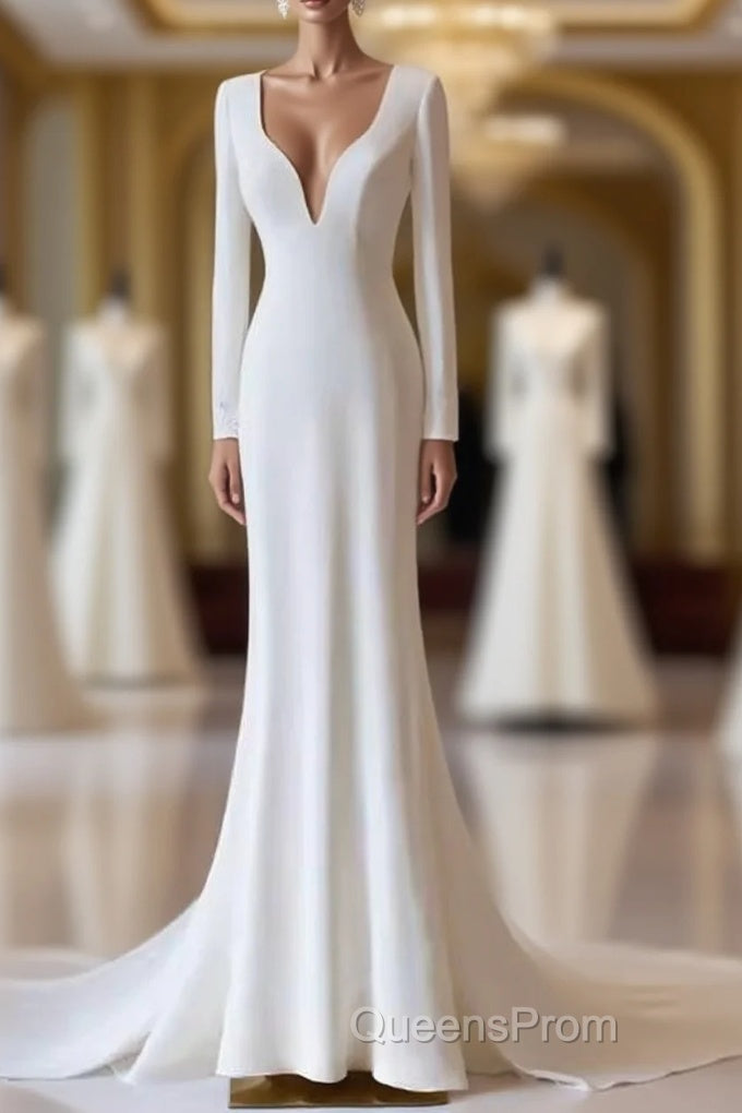 Simple Mermaid V Neckline Satin Ivory Long Sleeves Wedding Dress Main image