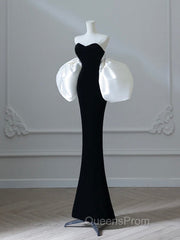 Simple Mermaid Velvet Puff Sleeves Black Long Evening Prom Dress, Black Evening Dress