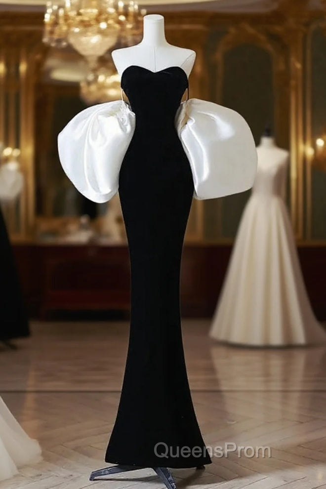 Simple Mermaid Velvet Puff Sleeves Black Long Evening Prom Dress, Black Evening Dress Main image