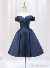 Simple Navy Blue Satin Off the Shoulder Homecoming Dress