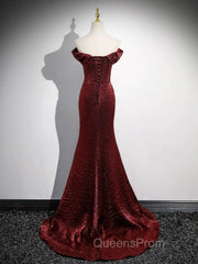 Simple Off Shoulder Burgundy Long Evening Prom Dress, Burgundy Long Formal Dress