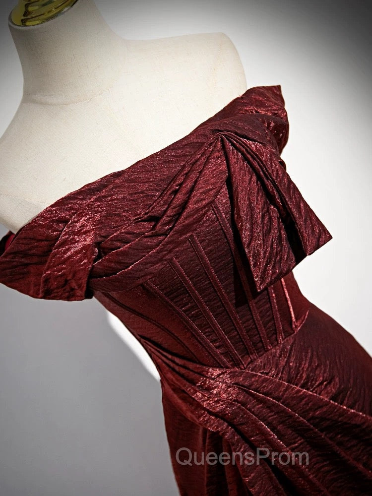 Simple Off Shoulder Burgundy Long Evening Prom Dress, Burgundy Long Formal Dress