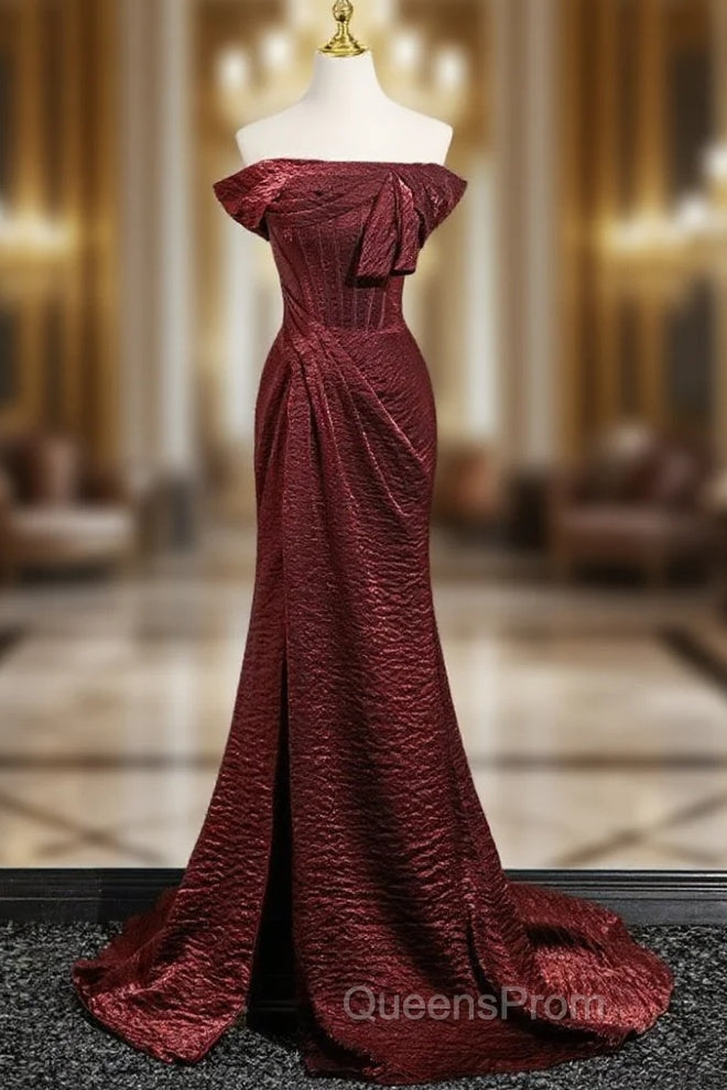 Simple Off Shoulder Burgundy Long Evening Prom Dress, Burgundy Long Formal Dress Main image