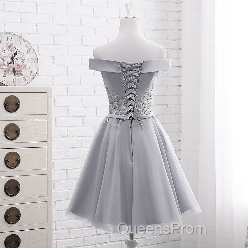 Simple Off Shoulder Grey Tulle Applique Bridesmaid Dress, Knee Length Formal Dress, Party Dress Secondary image