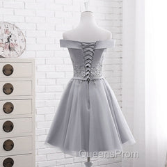 Simple Off Shoulder Grey Tulle Applique Bridesmaid Dress, Knee Length Formal Dress, Party Dress
