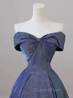Simple Off Shoulder Satin Blue Long Evening Prom Dress, Blue Long Evening Dress