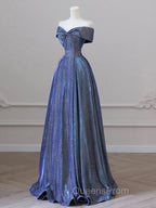Simple Off Shoulder Satin Blue Long Evening Prom Dress, Blue Long Evening Dress