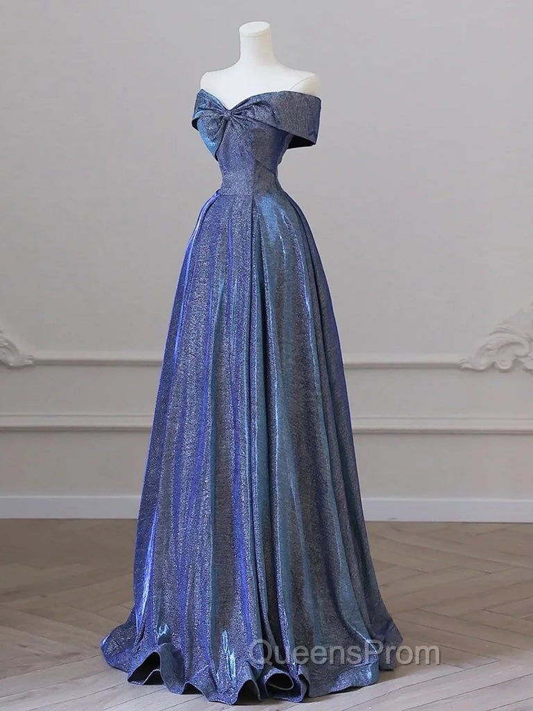 Simple Off Shoulder Satin Blue Long Evening Prom Dress, Blue Long Evening Dress