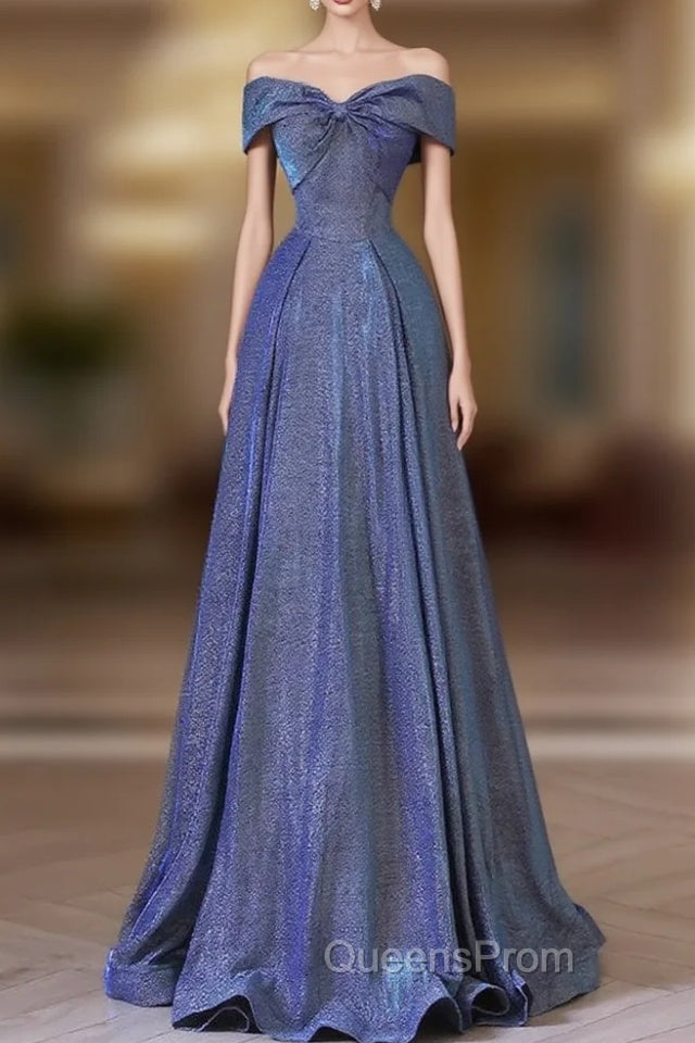 Simple Off Shoulder Satin Blue Long Evening Prom Dress, Blue Long Evening Dress Main image