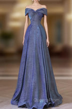 Simple Off Shoulder Satin Blue Long Evening Prom Dress, Blue Long Evening Dress