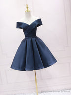 Simple Off Shoulder Satin Dark Blue Short Prom Dress, Blue Homecoming Dress