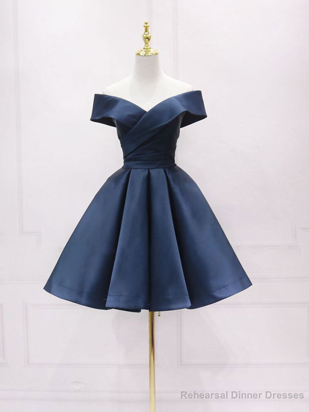 Simple Off Shoulder Satin Dark Blue Short Prom Dress, Blue Homecoming Dress Main image