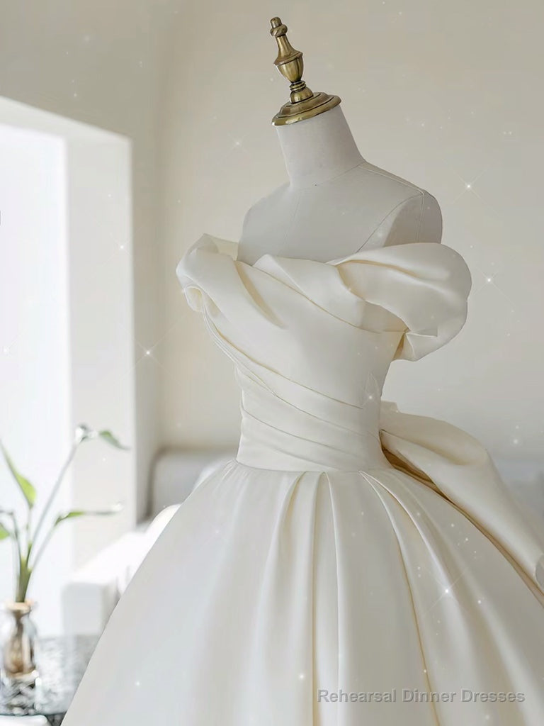 Simple Off Shoulder Satin ivory Long Wedding Dress Secondary image