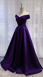 Simple Off Shoulder Satin Long Classy Prom Dress, Dark Purple Party Dress Classy Evening Gown