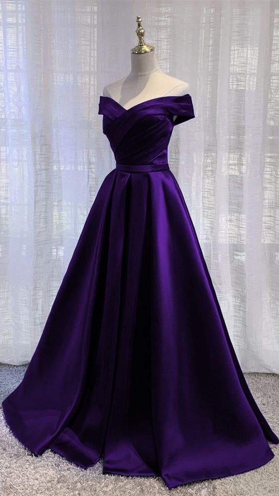 Simple Off Shoulder Satin Long Classy Prom Dress, Dark Purple Party Dress Classy Evening Gown