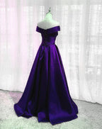 Simple Off Shoulder Satin Long Classy Prom Dress, Dark Purple Party Dress Classy Evening Gown