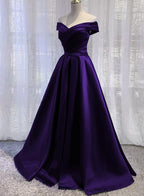 Simple Off Shoulder Satin Long Classy Prom Dress, Dark Purple Party Dress Classy Evening Gown
