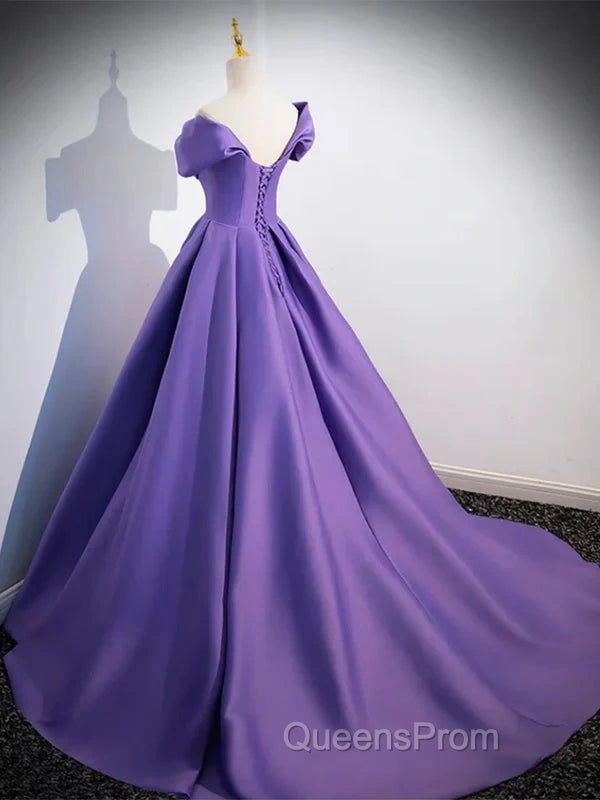 Simple Off Shoulder Satin Purple Long Evening Prom Dress Court Train Dress Evening Dress