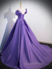 Simple Off Shoulder Satin Purple Long Evening Prom Dress Court Train Dress Evening Dress