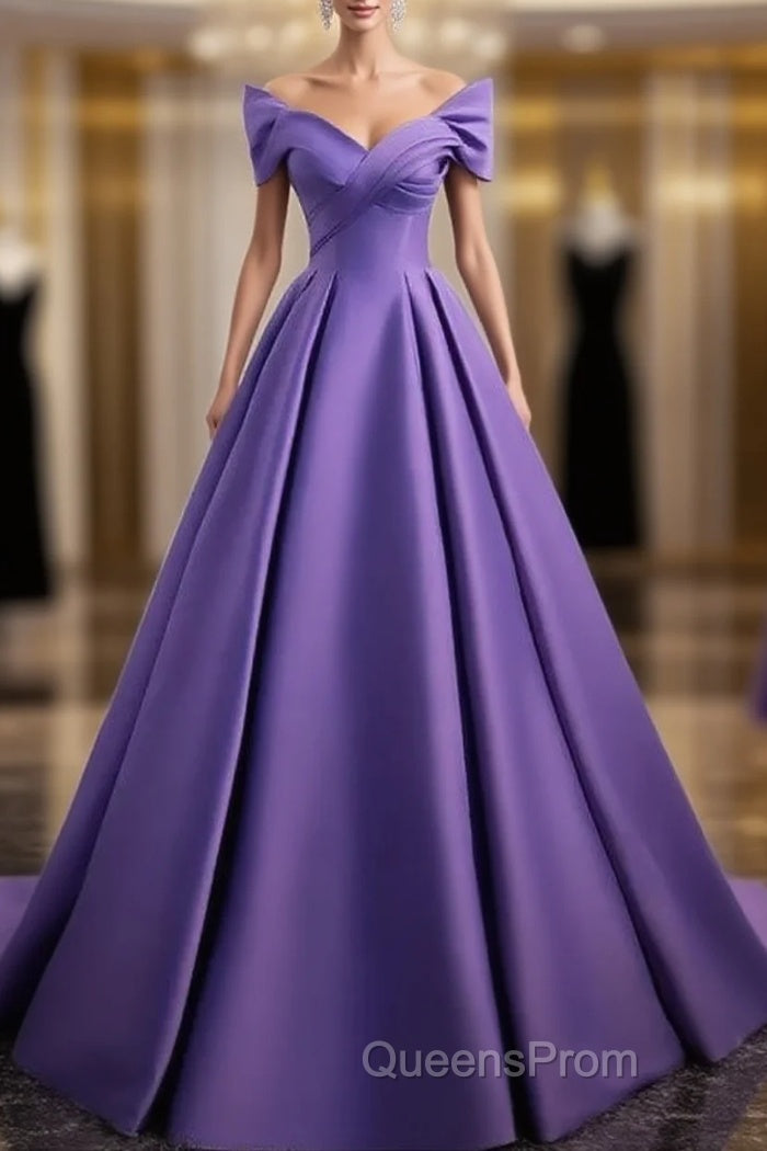 Simple Off Shoulder Satin Purple Long Evening Prom Dress Court Train Dress Evening Dress Main image