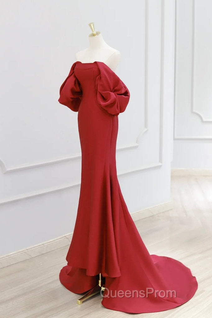 Simple Off Shoulder Satin Red Mermaid Long Evening Prom Dress, Red Long Formal Dress Secondary image