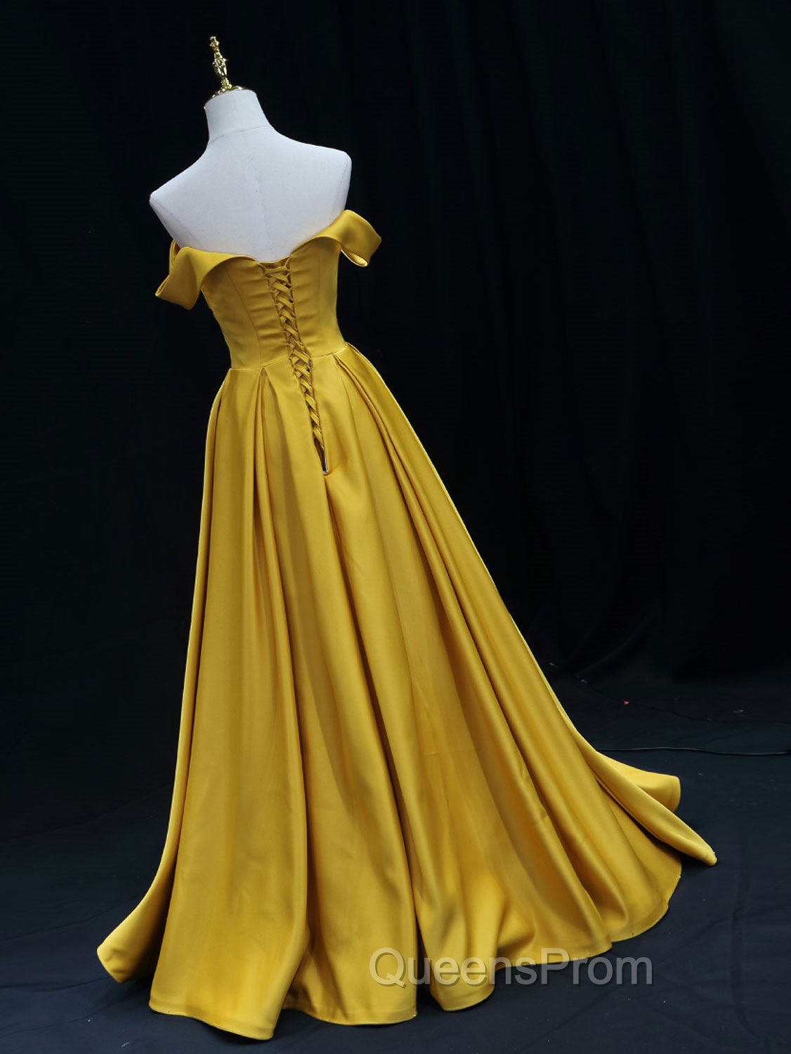 Simple Off Shoulder Satin Yellow Long Evening Prom Dress, Yellow Long Evening Dress Secondary image