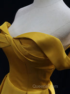 Simple Off Shoulder Satin Yellow Long Evening Prom Dress, Yellow Long Evening Dress