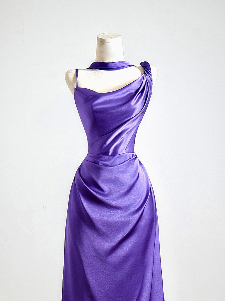 Simple One Shoulder Satin Sweep Train Purple Classy Prom Dress