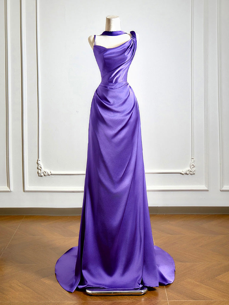 Simple One Shoulder Satin Sweep Train Purple Classy Prom Dress