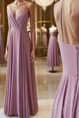 Simple pink chiffon long Evening Prom Dress, pink evening Dress