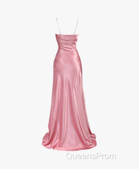 Simple Pink Spaghetti Straps Long Evening Prom Dress with Split
