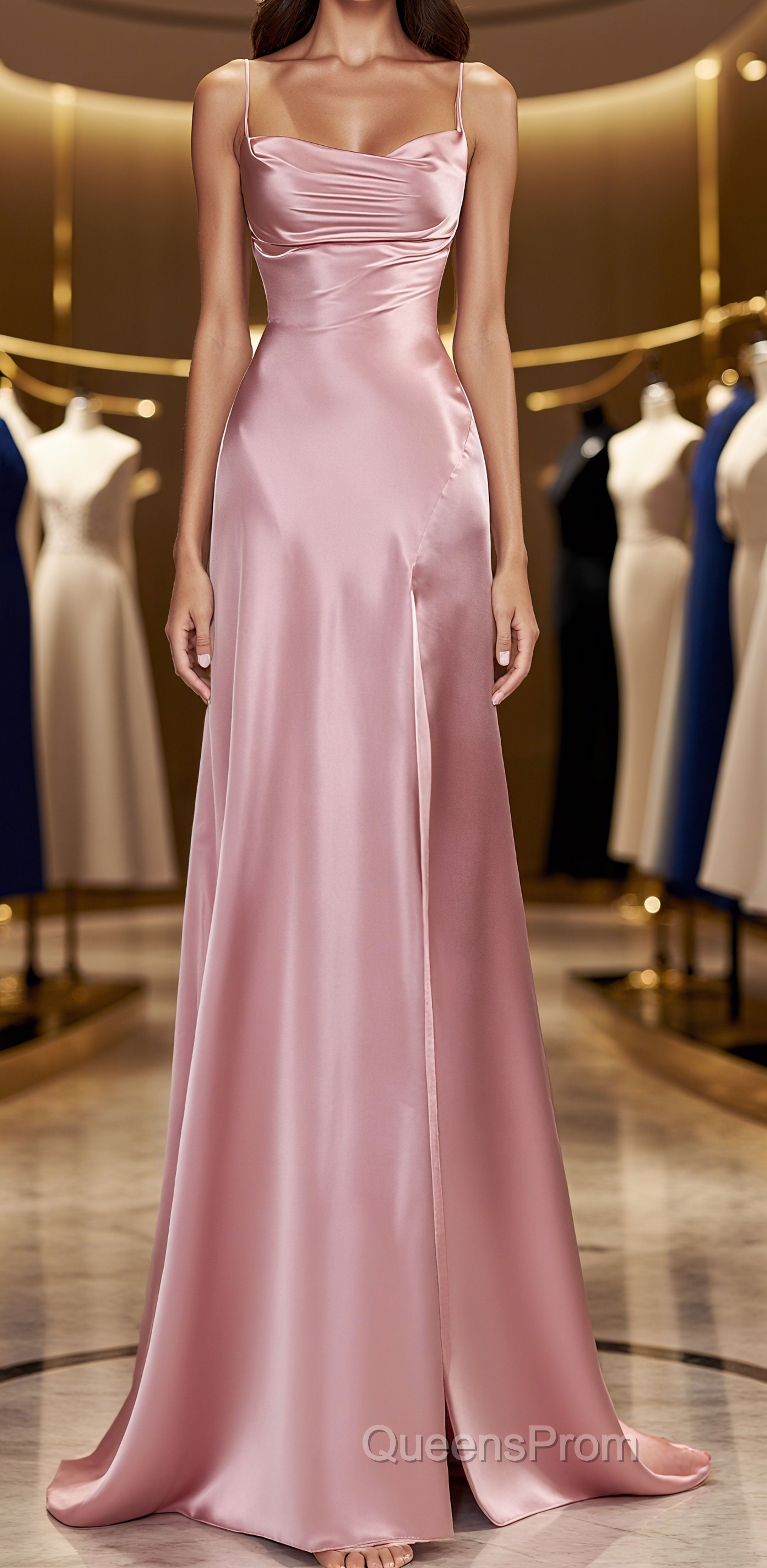 Simple Pink Spaghetti Straps Long Evening Prom Dress with Split