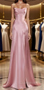Simple Pink Spaghetti Straps Long Evening Prom Dress with Split