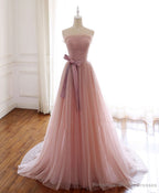 Simple Pink Tulle Long Prom Dress, Aline Pink Tulle Formal Party Dresses