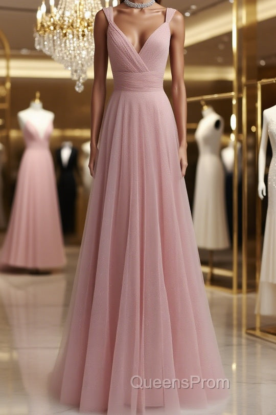 Simple pink tulle long Evening Prom Dress pink tulle evening Dress Main image