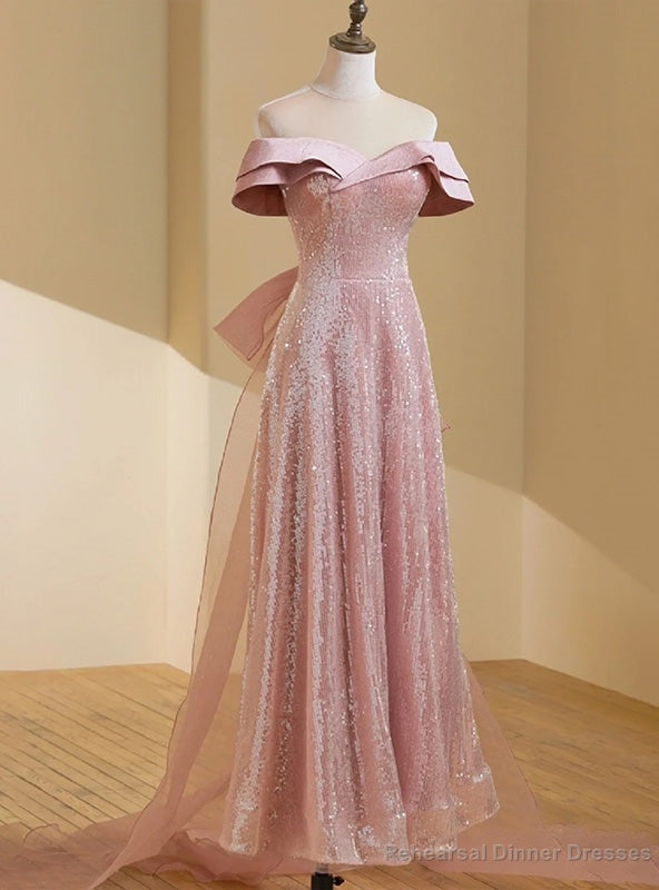 Simple Pink Tulle Sequins Off the Shoulder Prom Dress Main image