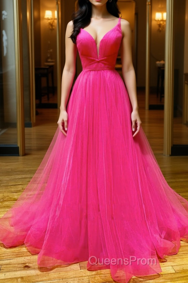 Simple pink v neck tulle long Evening Prom Dress pink formal Dress Main image
