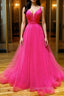 Simple pink v neck tulle long Evening Prom Dress pink formal Dress