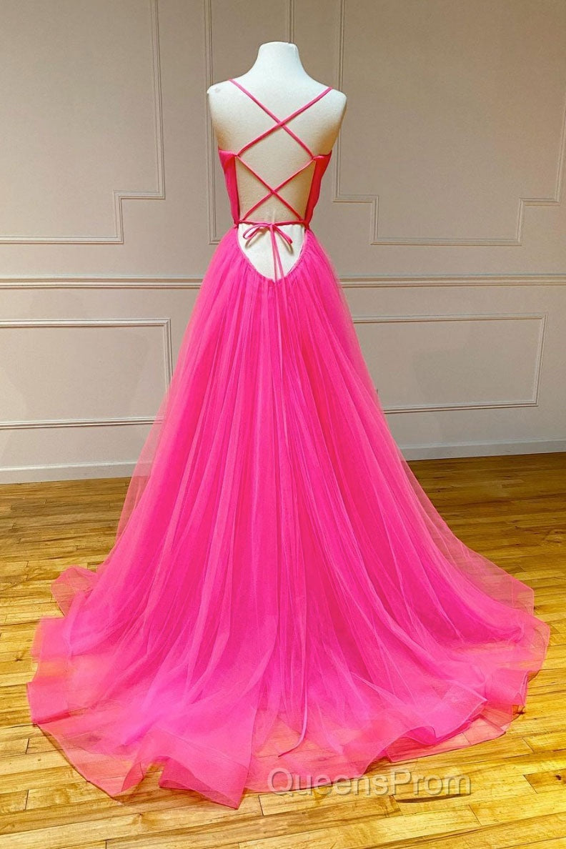 Simple pink v neck tulle long Evening Prom Dress pink formal Dress Secondary image