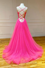 Simple pink v neck tulle long Evening Prom Dress pink formal Dress