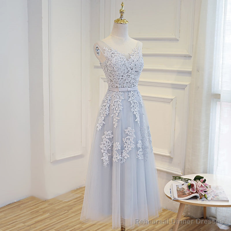 Simple Pretty Light Grey Tea Length Prom Dress, Tea Length Bridesmaid Dress Main image