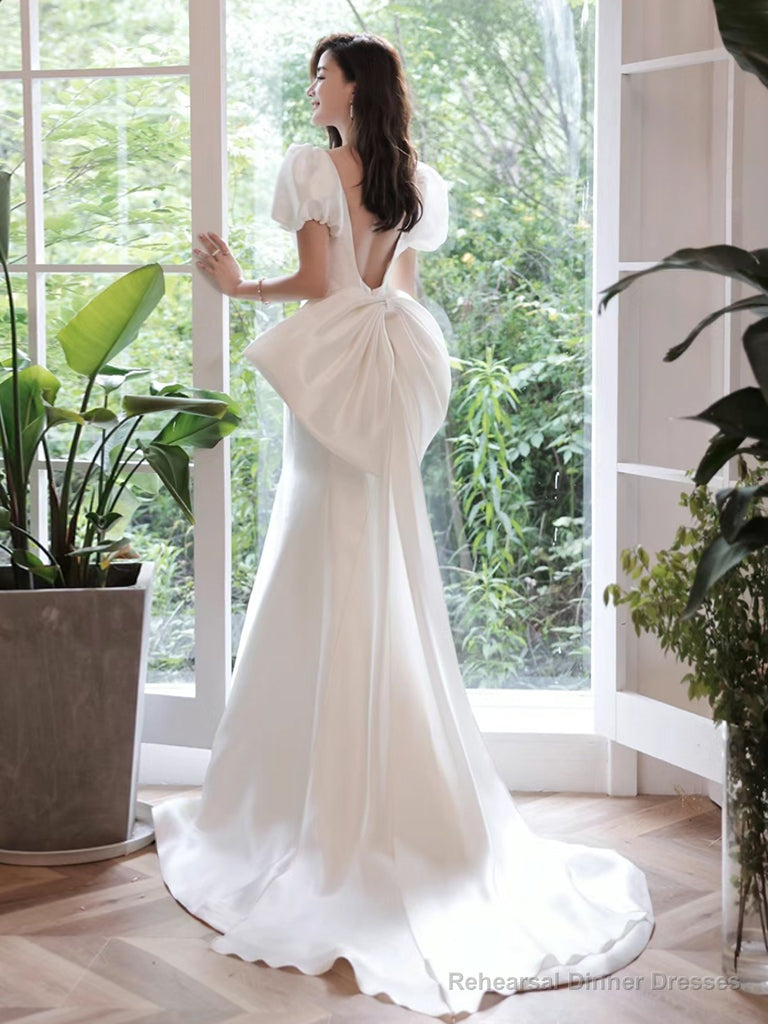 Simple Puff Sleeves Satin Mermaid White Long Prom Dress, White Long Formal Dress Secondary image
