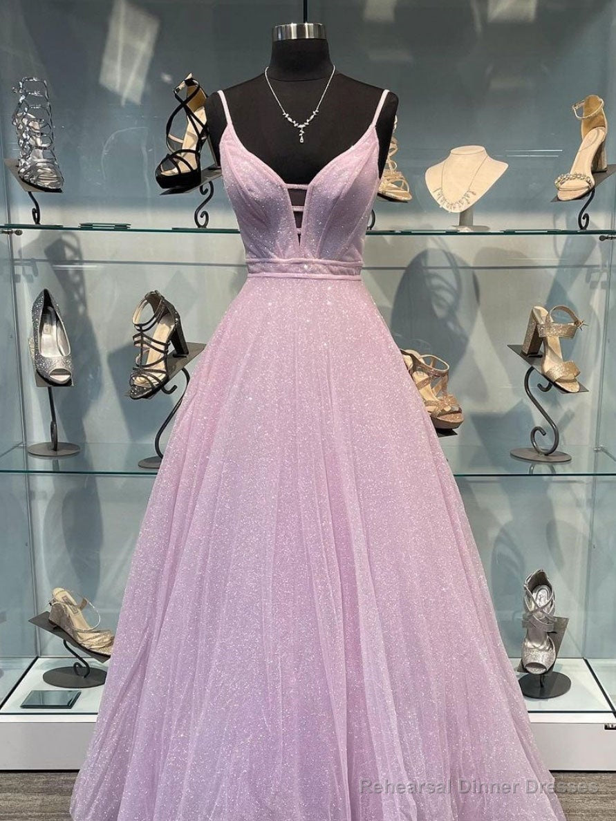 Simple purple v neck tulle long prom dress, purple evening dress Main image