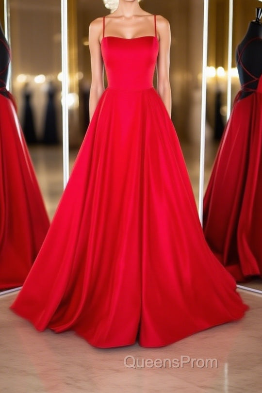 Simple red satin long Evening Prom Dress, red backless long evening Dress Main image