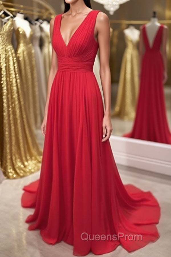 Simple Red V Neck and V Back Chiffon Long Evening Prom Dress, V Neck Red Long Evening Dress, Red Formal Dress, Graduation Dress Main image