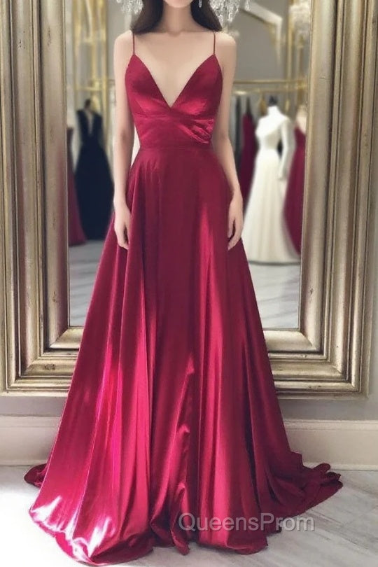 Simple red v neck satin long Evening Prom Dress, red evening Dress Main image