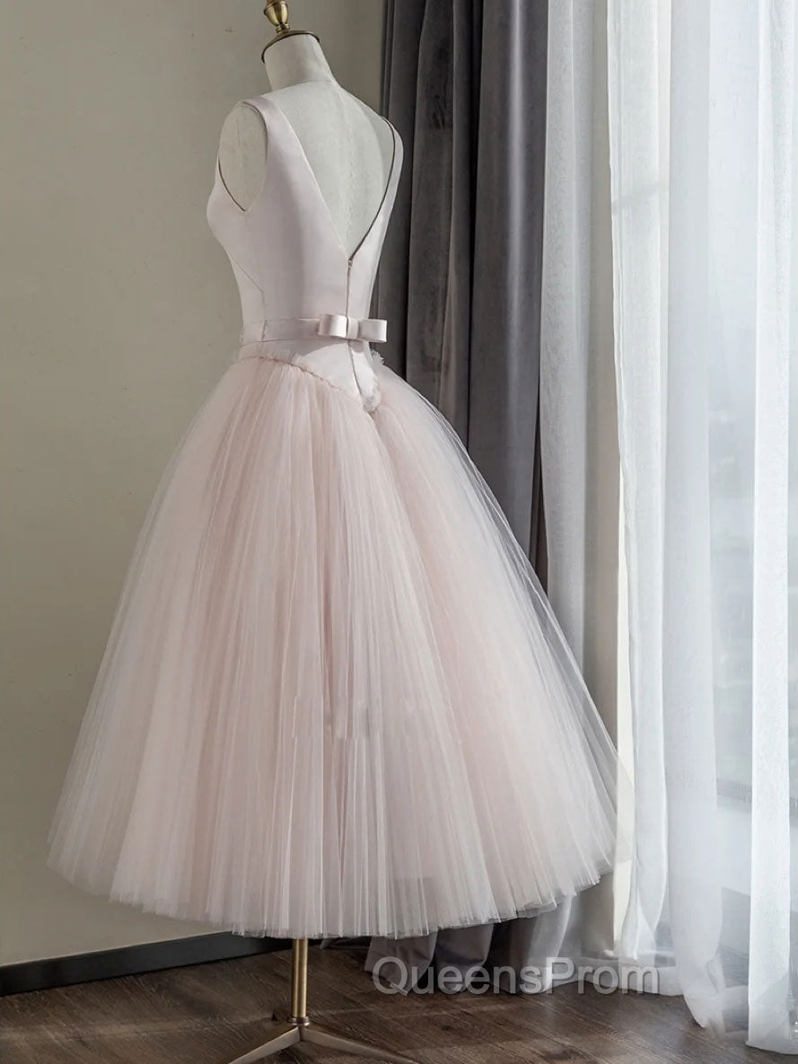 Simple Round Neck Satin Short Evening Prom Dress, Pink Tulle Bridesmaid Dress Secondary image