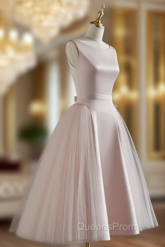 Simple Round Neck Satin Short Evening Prom Dress, Pink Tulle Bridesmaid Dress
