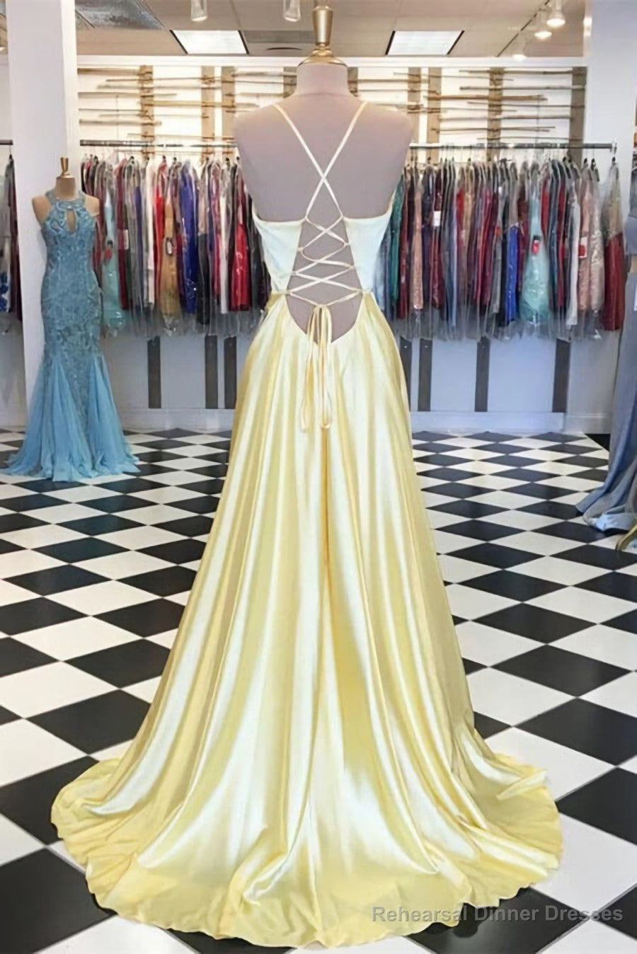 Simple Satin A-line V-neck Spaghetti Straps Prom Dresses, Evening Gown Secondary image