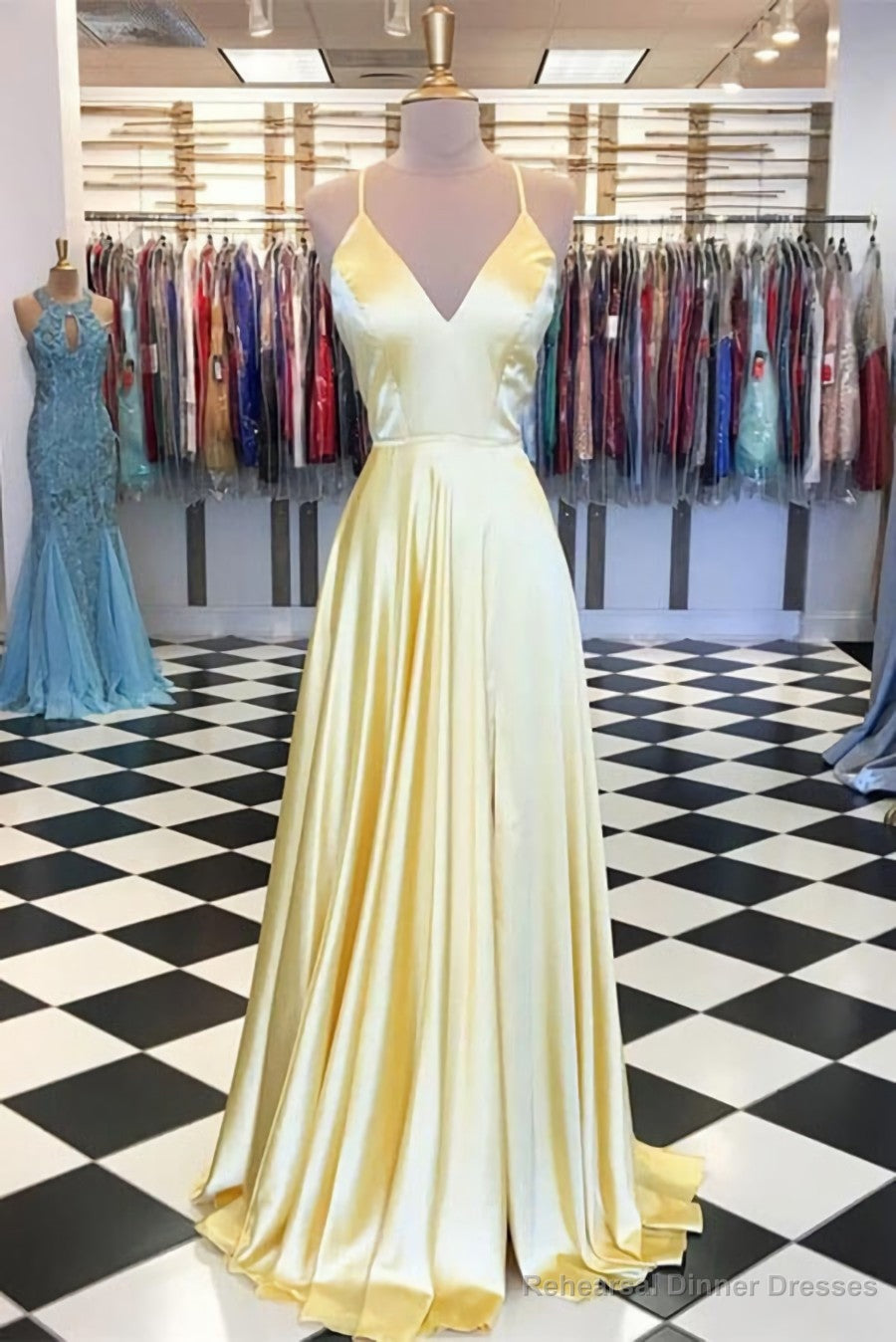 Simple Satin A-line V-neck Spaghetti Straps Prom Dresses, Evening Gown Main image